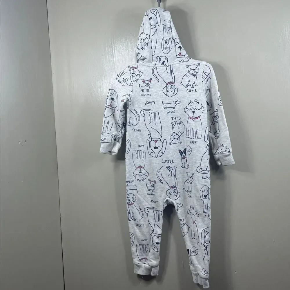 Dog Print Gray Zip‎ Up Hooded One Piece Outfit